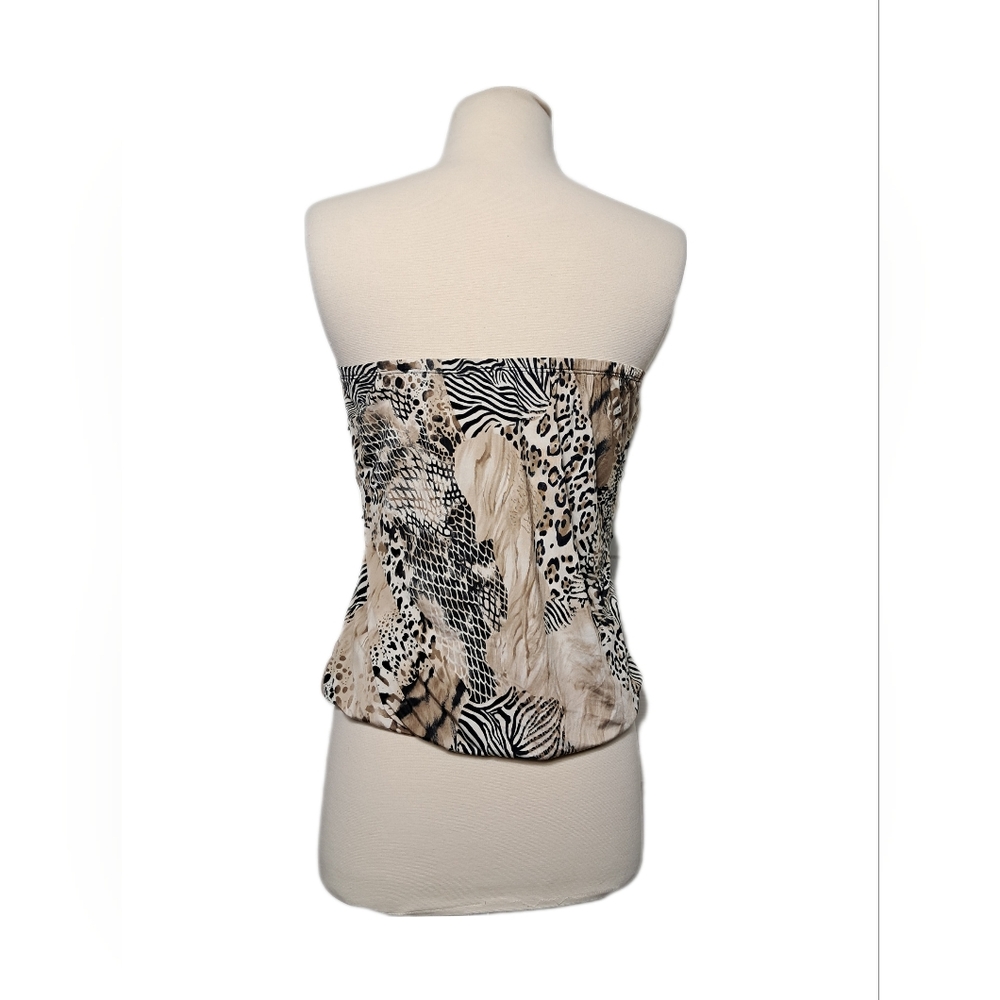 Dots Women Strapless Halter Leopard Zebra Animal Ruffle Black Tan Blouse Tops - Picture 3 of 14